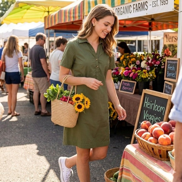 Yerse Dresses & Skirts - Yerse Short Sleeve Henley Shirt Dress Speckled Olive Green XS